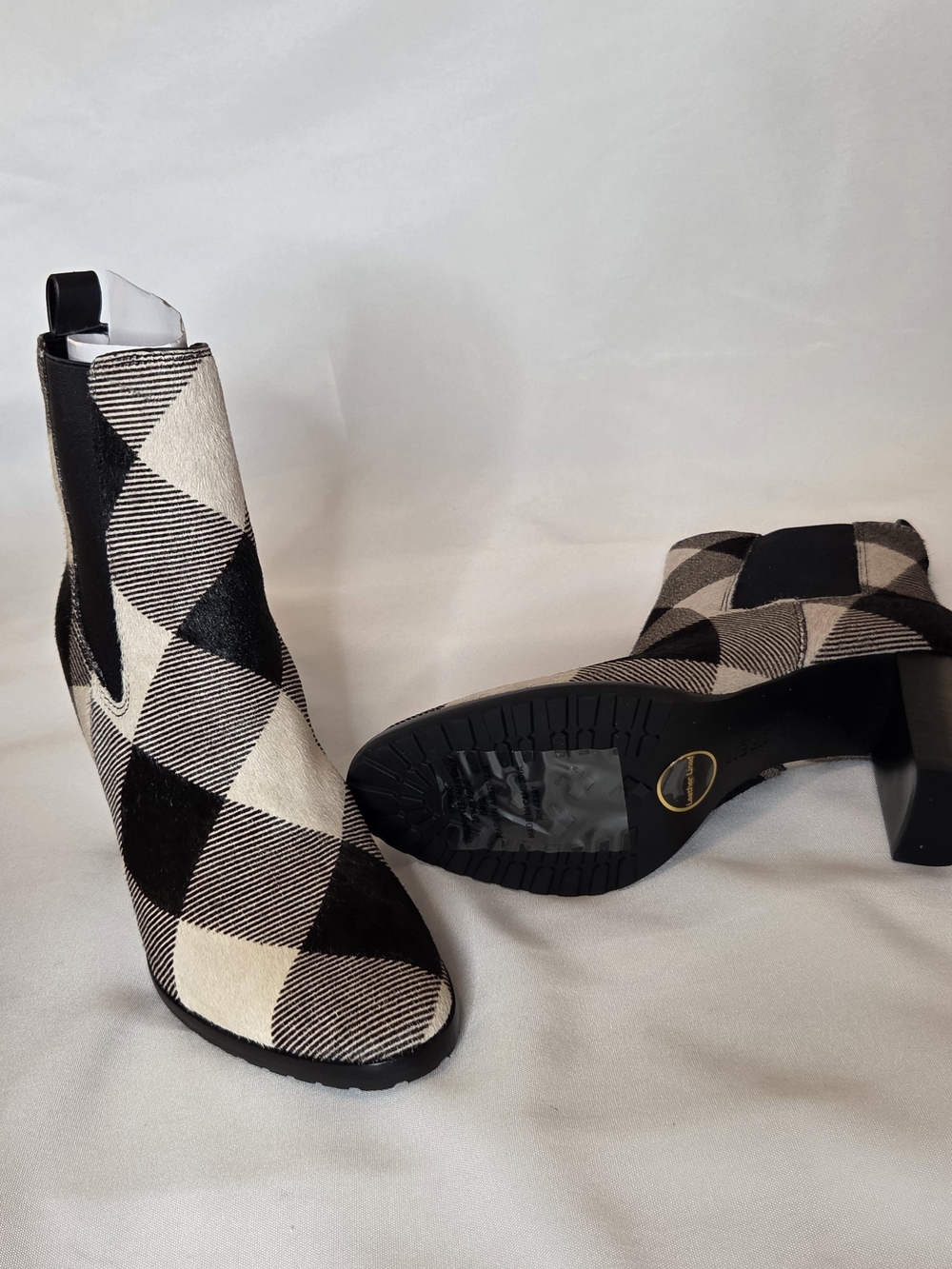 Ralph Lauren Mylah Cream and Black Plaid Ankle Boots New in Box